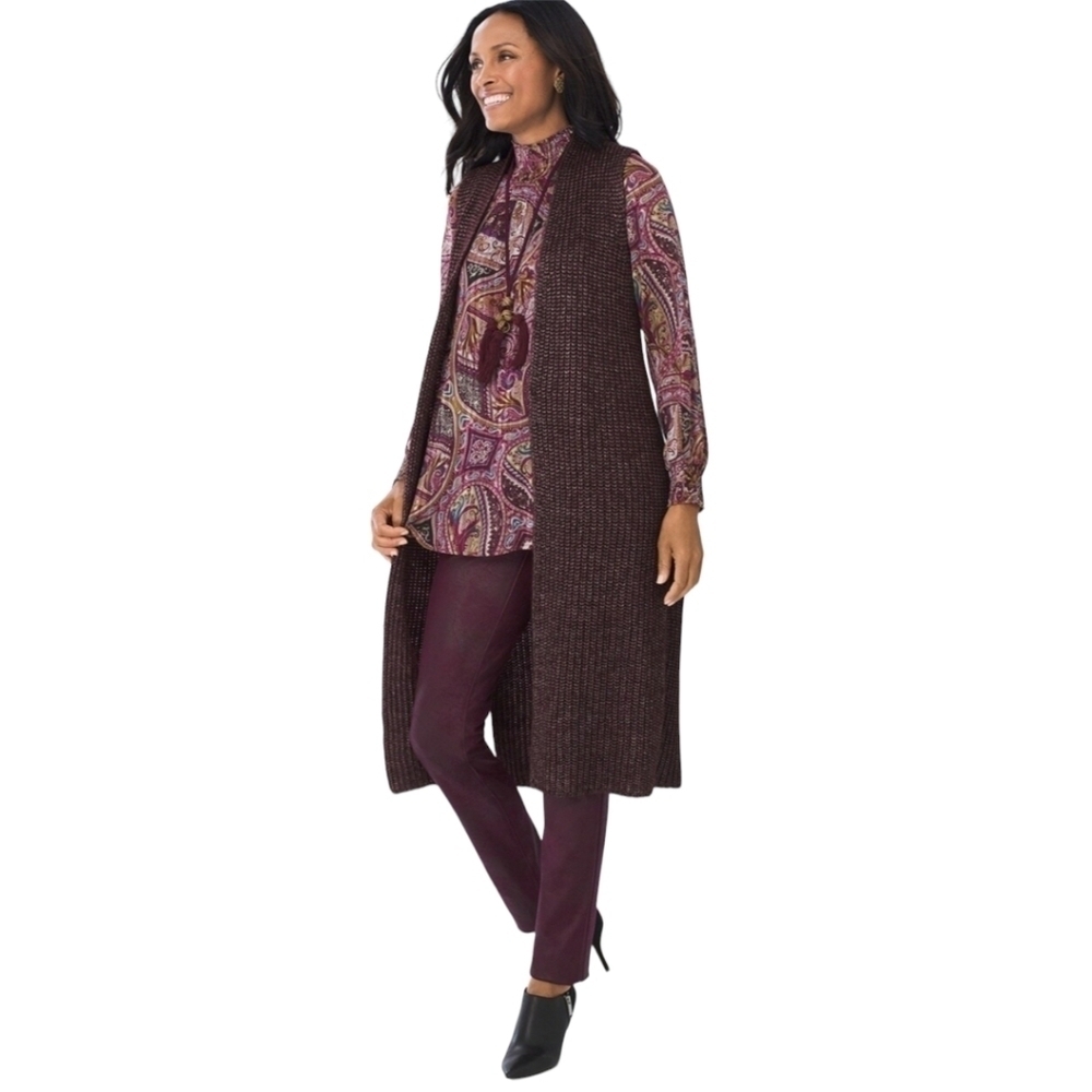 Chicos Wine Colored Sweater Knit Long‎ Open Vest Size 12